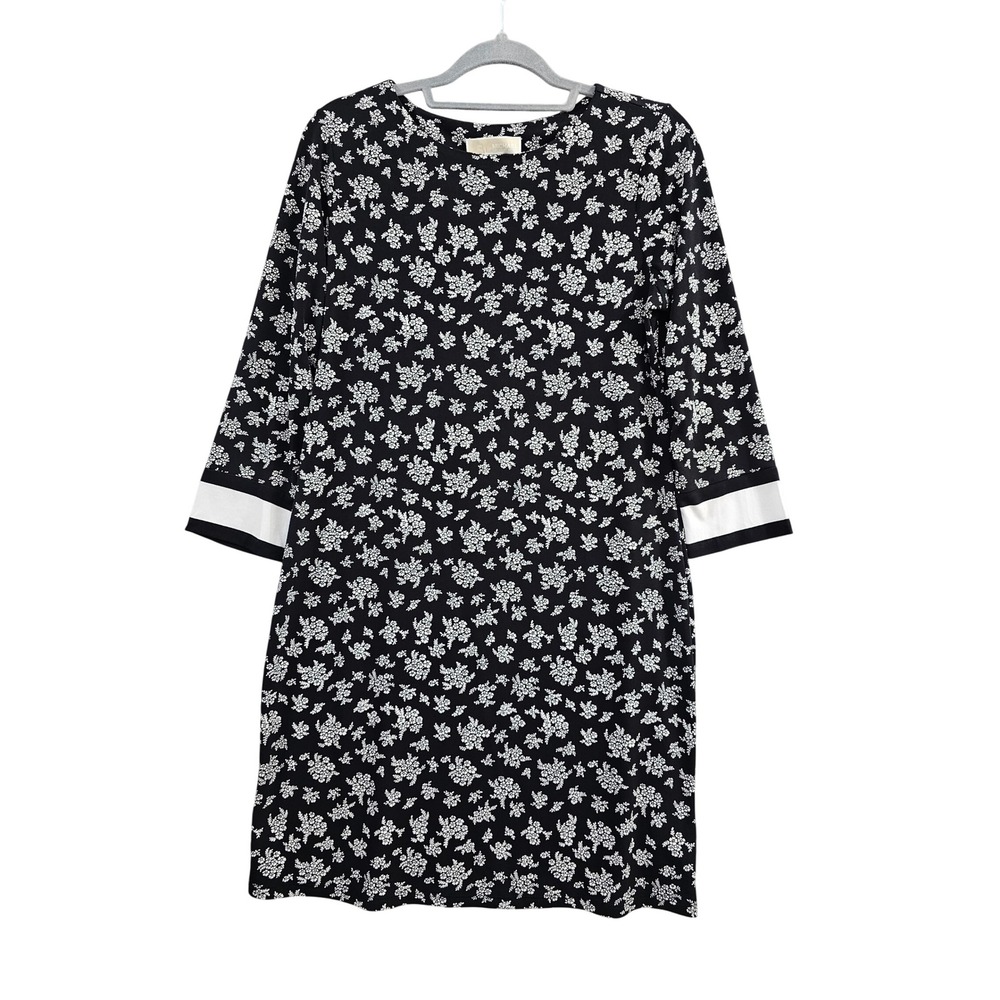Michael Kors Floral‎ Shift Dress Womens Medium Black White 3/4 Sleeve Stretch